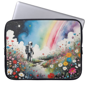 Housse Pour Ordinateur Portable Astronaute solitaire sur une planète fleurie avec