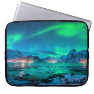 Housse Pour Ordinateur Portable Aurora borealis sur la côte de la mer, montagne en