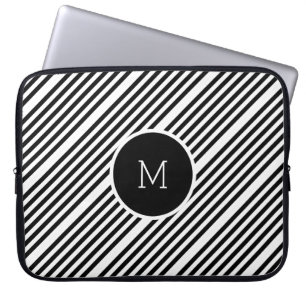 Housse Pour Ordinateur Portable Bandes Noires Et Blanches Avec Monogramme