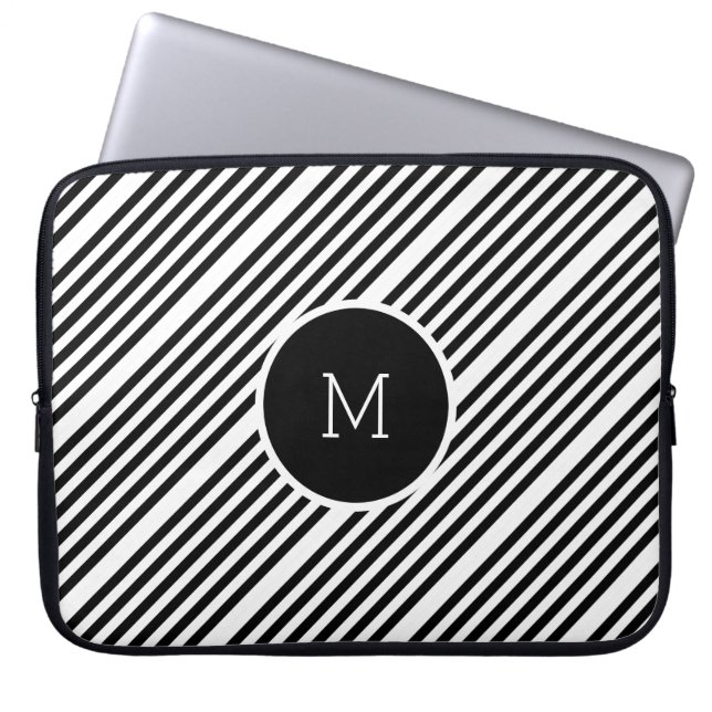 Housse Pour Ordinateur Portable Bandes Noires Et Blanches Avec Monogramme (Devant)