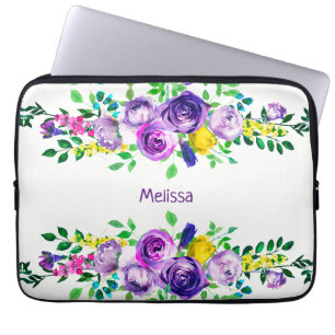 Housse Pour Ordinateur Portable Bandes noires et blanches et pivoines colorées Nom
