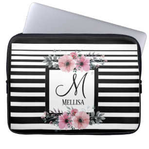 Housse Pour Ordinateur Portable Bandes noires et blanches Monogramme floral rose