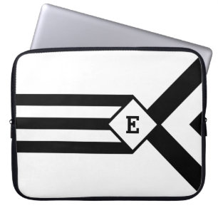 Housse Pour Ordinateur Portable Bandes noires et Chevrons avec Monogramme sur blan
