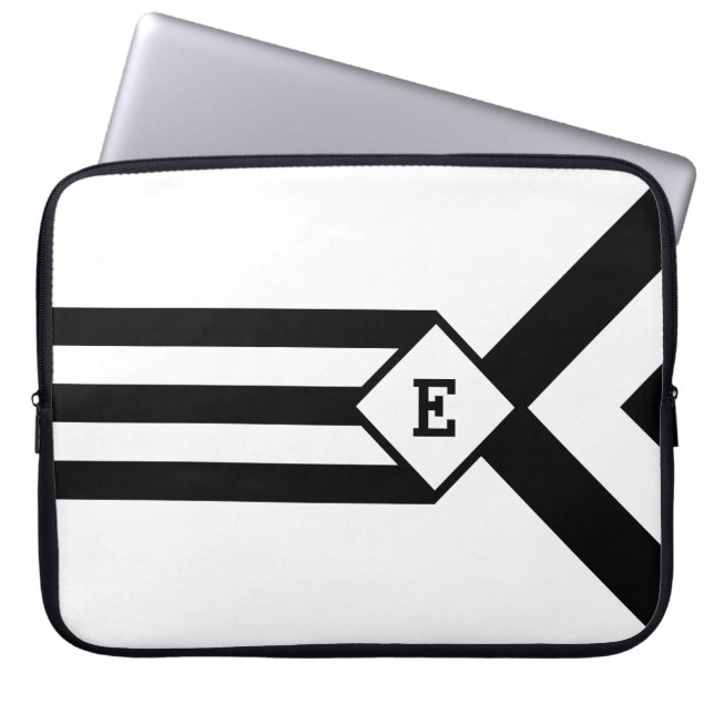 Housse Pour Ordinateur Portable Bandes noires et Chevrons avec Monogramme sur blan (Devant)