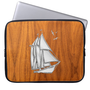 Housse Pour Ordinateur Portable Bateau à voile argenté sur décor en placage de tec