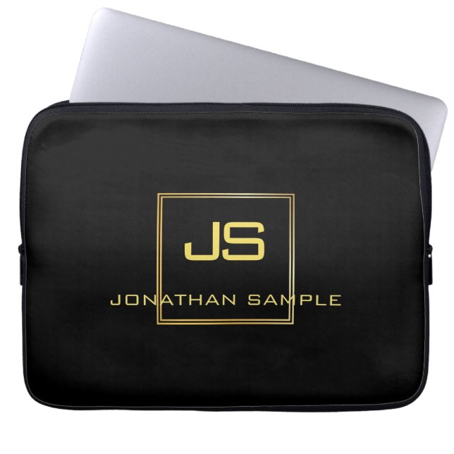Housse Pour Ordinateur Portable Beau Monogramme Black Gold Modèle moderne (Devant)