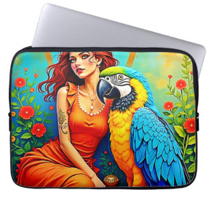 Housse Pour Ordinateur Portable Beauté tropicale et design de perroquets bleus