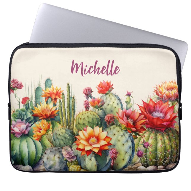 Housse Pour Ordinateur Portable Beaux Cactus Fleuris Avec Nom (Devant)