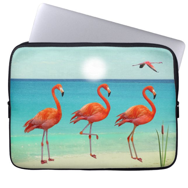 Housse Pour Ordinateur Portable Beaux flamants roses sur la plage (Devant)
