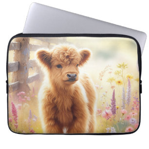 Housse Pour Ordinateur Portable Bébé adorable vache Highland dans un champ de fleu