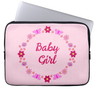 Housse Pour Ordinateur Portable Bébé rose Papillons et fleurs personnalisés