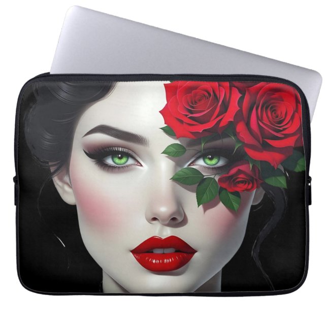 Housse Pour Ordinateur Portable Belle Femme avec Rose Rouge (Devant)