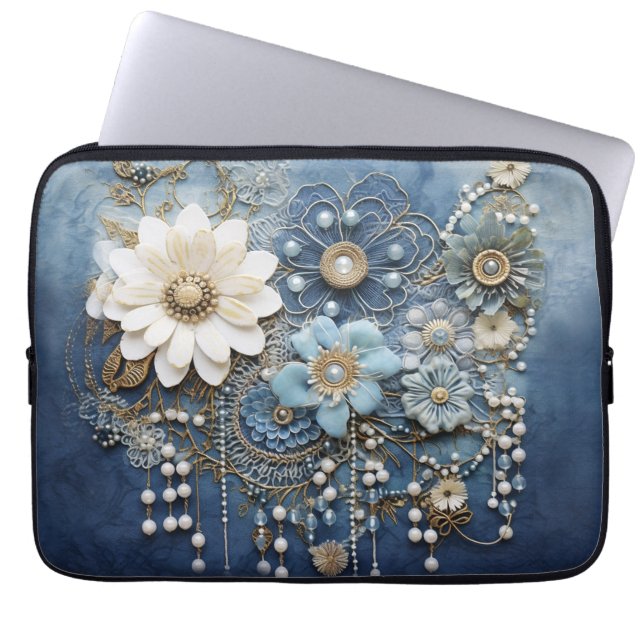 Housse Pour Ordinateur Portable Bijoux fantaisie sur denim bleu (Devant)