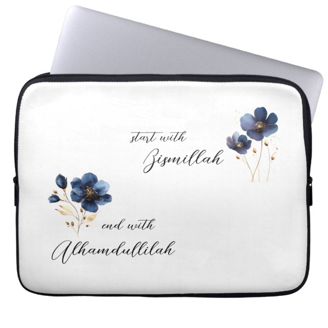 Housse Pour Ordinateur Portable Bismillah Alhamdullilah Navy Gold Floral (Devant)