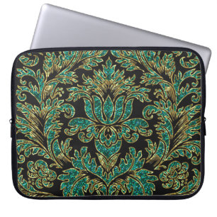 Housse Pour Ordinateur Portable Black Blue Green & Gold Vintage Floral Damas