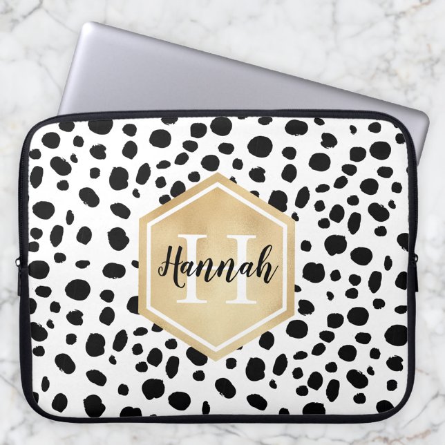 Housse Pour Ordinateur Portable Black White Spots Motif Gold Monogramme (Créateur téléchargé)