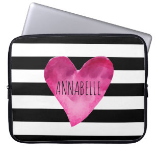 Housse Pour Ordinateur Portable Black + White Stripes Aquarelle Monogramme du coeu