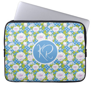 Housse Pour Ordinateur Portable Blanc Fleur Bleue Rose Monogramme Initiales Tendan