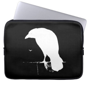 Housse Pour Ordinateur Portable Blanc vintage de silhouette de Raven sur le noir -