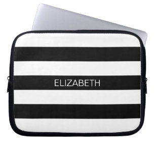 Housse Pour Ordinateur Portable Blancs Noir Horiz Preppy Stripe #2 Nom Monogramme