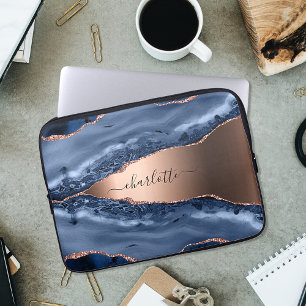 Housse Pour Ordinateur Portable Bleu agate marbre rose or nom script