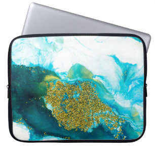 Housse Pour Ordinateur Portable Bleu avec parties scintillant d'or fluide art, cré