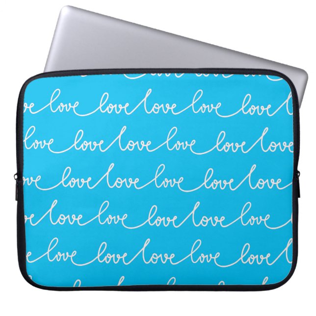 HOUSSE POUR ORDINATEUR PORTABLE BLEU CLAIR AVEC SCRIPT D'AMOUR BLANC (Devant)