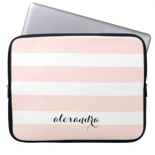 Housse Pour Ordinateur Portable Bleu en bandes rose et blanche   Nom en calligraph