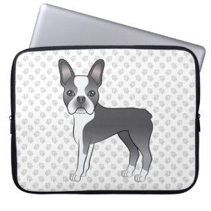 Housse Pour Ordinateur Portable Bleu Et Blanc Boston Terrier Cartoon Chien & Paws