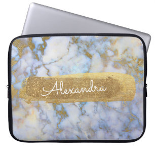 Housse Pour Ordinateur Portable Bleu et marbre avec huile or et Parties scintillan
