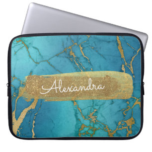 Housse Pour Ordinateur Portable Bleu et marbre avec huile or et Parties scintillan