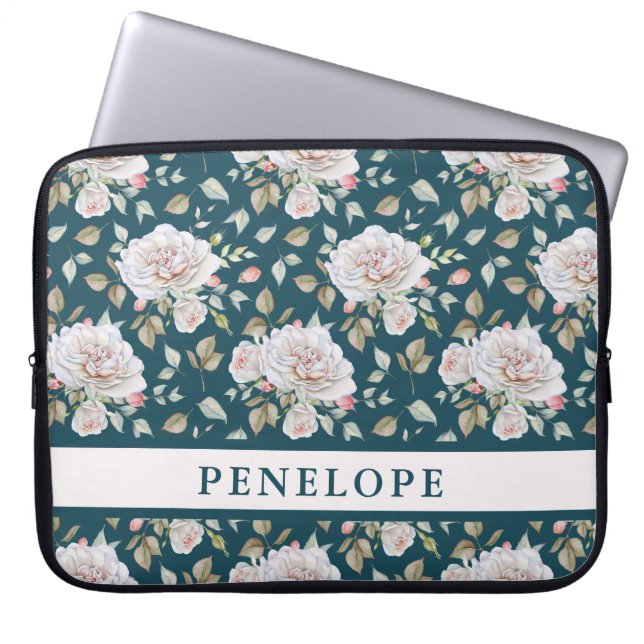 Housse Pour Ordinateur Portable Bleu foncé avec Floral et Nom (Devant)
