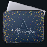 Housse Pour Ordinateur Portable Bleu marine et monogramme de confettis d'or<br><div class="desc">Bleu marine et cas élégant de monogramme de confettis d'or. Ce cas peut être customisé pour inclure votre initiale et prénom.</div>