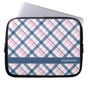 Housse Pour Ordinateur Portable Bleu marine et motif rose de plaid