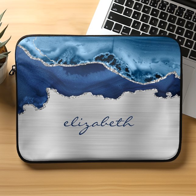 Housse Pour Ordinateur Portable Bleu Nuit Moderne Argent Agate Métallisé (Créateur téléchargé)