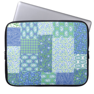 Housse Pour Ordinateur Portable Bleu Périwinkle Floral Boho Faux Motif Patchwork