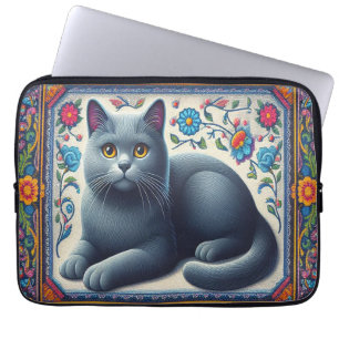 Housse Pour Ordinateur Portable Bleu russe réaliste Chat Colorful Frontière floral