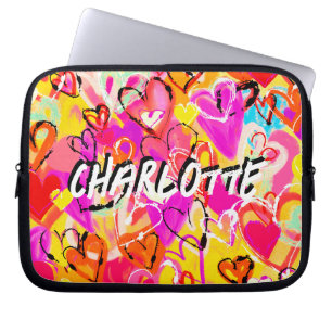 Housse Pour Ordinateur Portable Bliss colorés : Coeurs de graffitis jaunes et rose