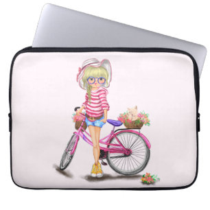 Housse Pour Ordinateur Portable Blonde Girl with Pink Bike Laptop Sleeve Cadeau
