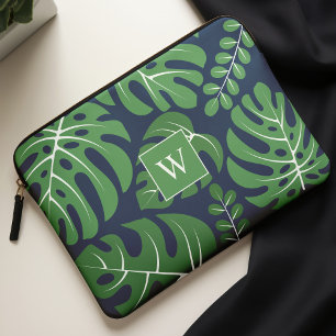 Housse Pour Ordinateur Portable Blue and Green Monogrammed Monstera Leaves
