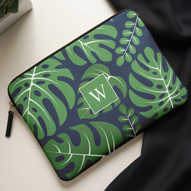 Housse Pour Ordinateur Portable Blue and Green Monogrammed Monstera Leaves (Créateur téléchargé)