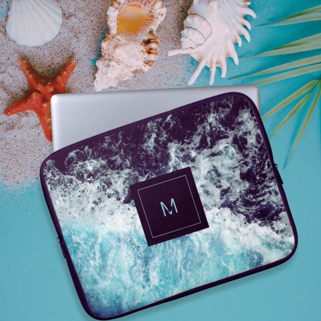 Housse Pour Ordinateur Portable Blue Black Ocean Waves Hawaii Monogramme (Créateur téléchargé)