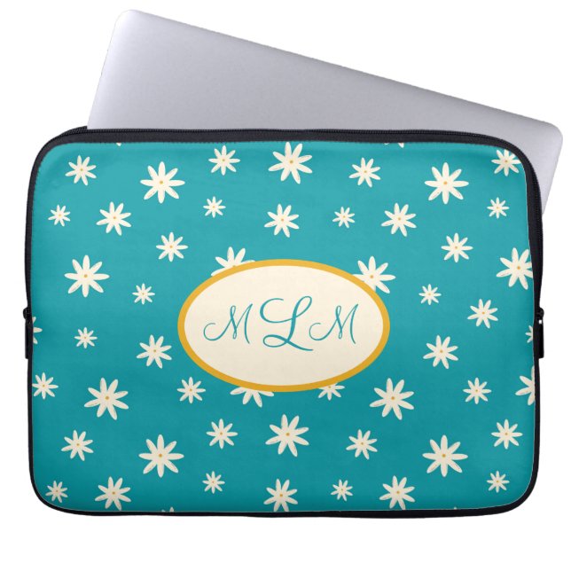 Housse Pour Ordinateur Portable Blue Boho Daisy Monogramme Personnalisé (Devant)