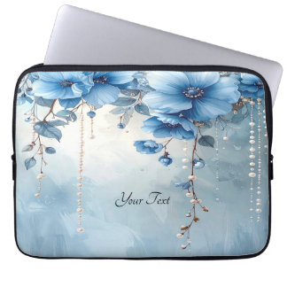 Housse Pour Ordinateur Portable Blue Flowers and Pearls Laptop Sleeve