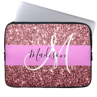 Housse Pour Ordinateur Portable Blush Rose Glitter Monogramme Rose Doré Pailleté