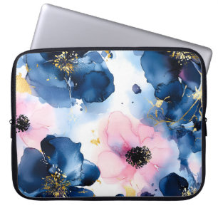 Housse Pour Ordinateur Portable Blush Rose Gold Bleu de Nuit Floral Aquarelle