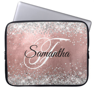 Housse Pour Ordinateur Portable Blush Rose Gold Ombre Foil Monogramme Pailleté Arg