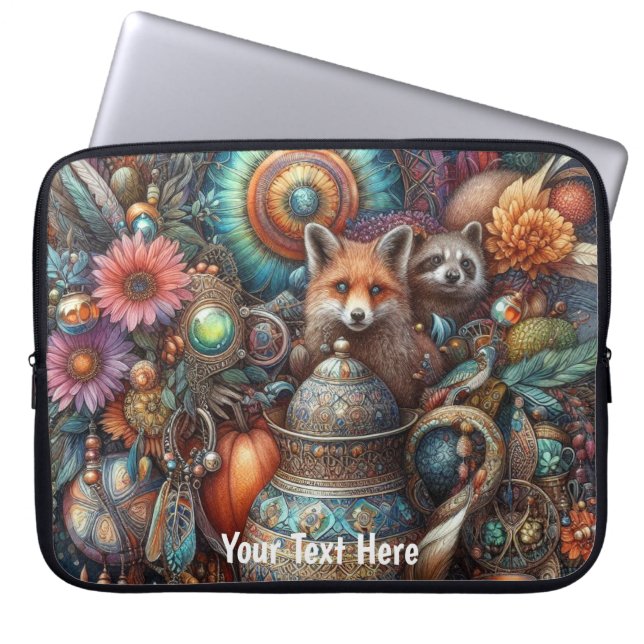 Housse Pour Ordinateur Portable Boho Fox Raccoon Floral Design (Devant)