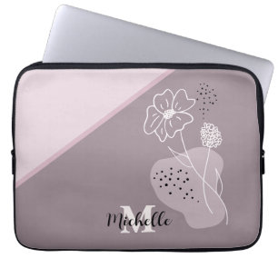 Housse Pour Ordinateur Portable Boho minimaliste Nom personnalisé Monogramme flora