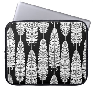 Housse Pour Ordinateur Portable Boho plumes : motif noir et blanc